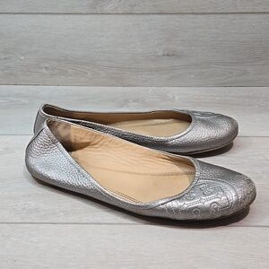 Tory Burch Womens Ruby Pewter silver Logo Flats Ballet shoes sz 9M